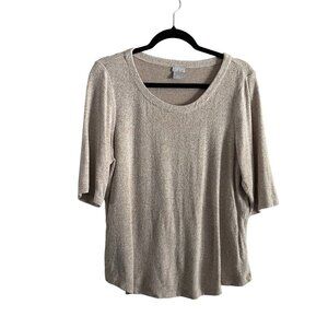 Chicos Women 1/M Oatmeal Heather Scoop Neck Elbow Sleeves Classic Cozy Knit Tee